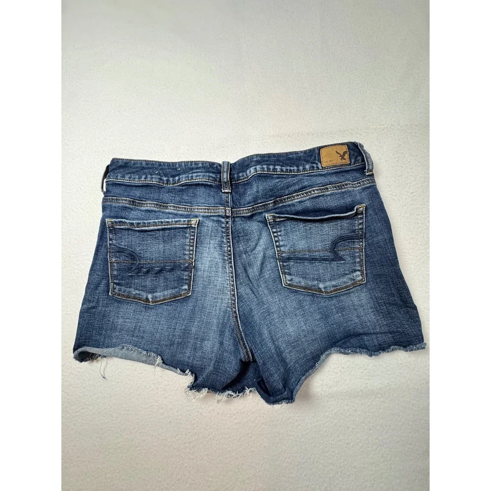 Boho American Eagle Women 12 Shortie Shorts Dark Wash Super Stretch Raw Hem